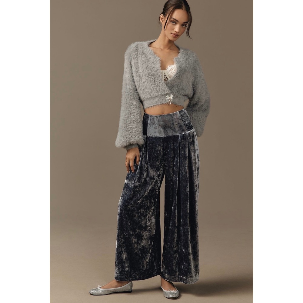 Anthropologie Crushed Velvet Wide Leg Pants S Blue Gray Pull On Boho